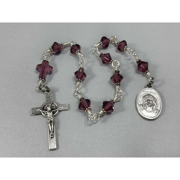 Ecce Homo One Decade Rosary Purple Swarovski Cross St. Benedict Crucifix - Picture 10 of 10